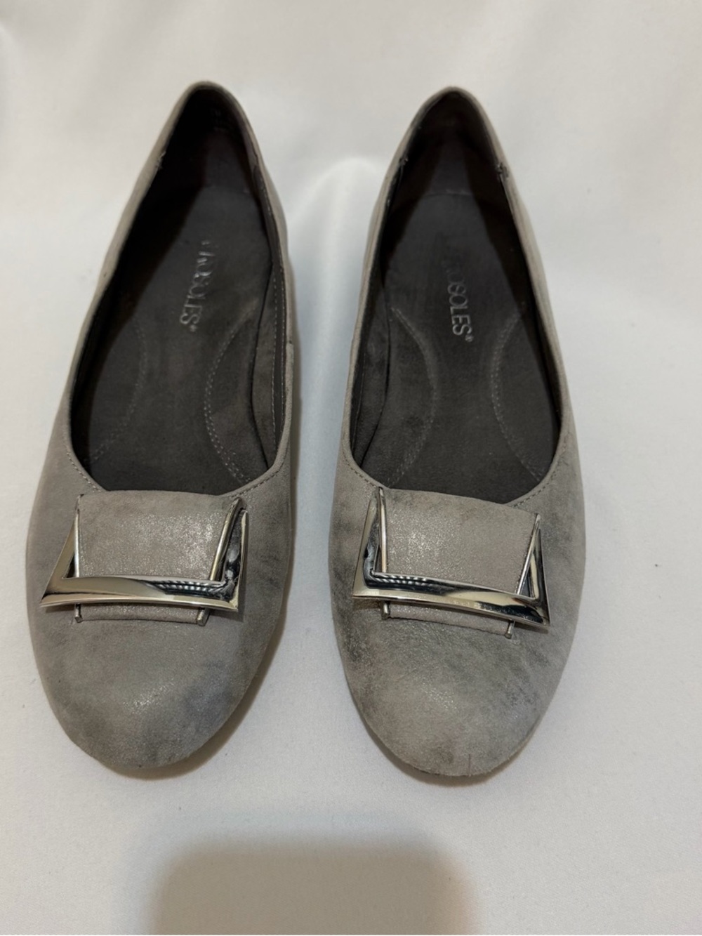AEROSOLES Gray Suede Loafers with Silver Buckle